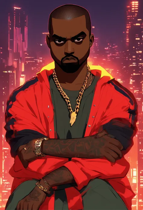 kanye west , cabelo vermelho, cavanhaque vermelho, jaqueta vermelha, folded arms , estilo hip hop, estilo gta 5,chain in the neck. cenario cidade de los santos.