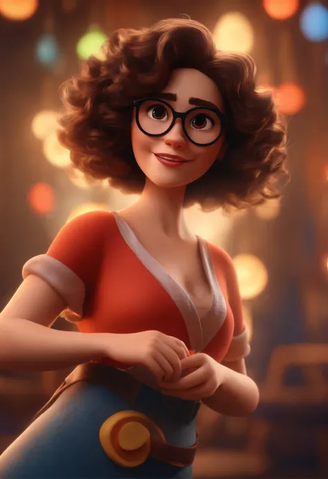 Pixar style image with 3D character white glasses brunette woman short curly hair dancing, Maquiagem Disney,Pescador, bonitinho, sorridente ,Close-up, Pixar, Disney, Cinema lighting,