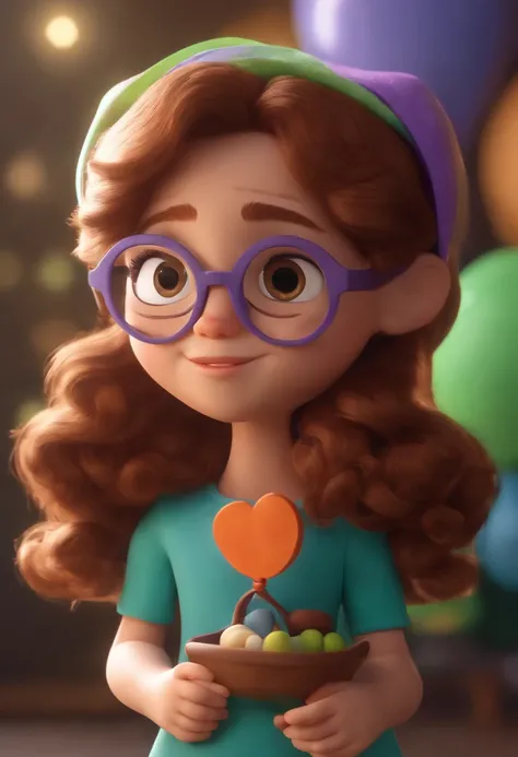 Cartoon character of a white 5 year old child, magra, curly brown hair down to the waist, olhos verdes, with purple rectangular glasses and a blue shirt, saia preta, holding a stuffed animal. animation character, Caractere estilizado, animation style rende...