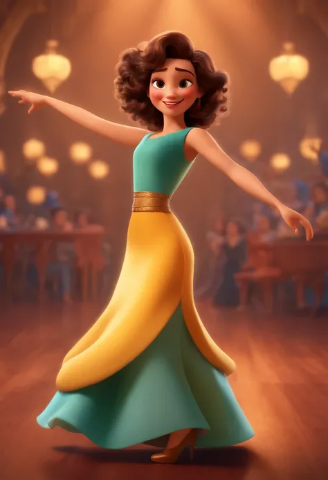 Pixar style image with short curly hair brunette woman character dancing, Maquiagem Disney,Pescador, bonitinho, sorridente ,Close-up, Pixar, Disney, Cinema lighting,