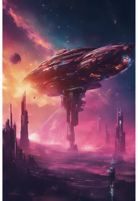 giant spaceship, cyberpunk style, in space, glowing galaxy in the background