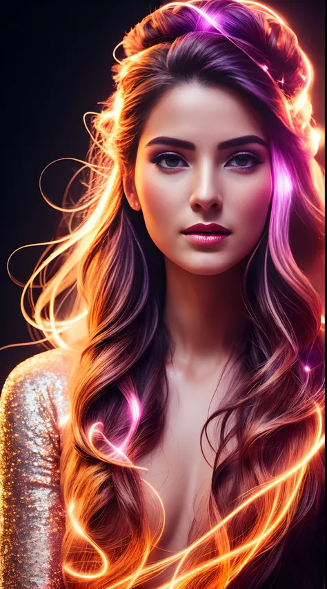 extra  detail photography arts 8k ,standing,beautiful,softly illuminated face,flowing hair,perfect features,perfect hands,fluorescent semi-transparent clothes,sitting in space between celestial bodies,black background with dots of glitter