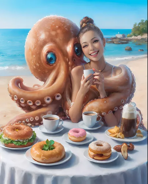 Theres a woman sitting at a table with donuts and coffee, super realistic food picture, An octopus with its tentacles wrapped around the girl, Arte realista, Ilustraciones realistas, mmmmm, Diosa del pulpo, tentacles around, Hermosa mujer pulpo, realistic ...