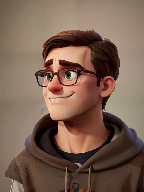 a dark blond young man wearing glasses and a brown hoodie made of TED, a character portrait by Mac Conner, instagram contest winner, romanesque, studio photography, studio portrait, dark green eyes