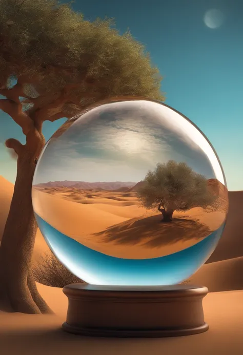 Image of a tree inside a glass ball in a desert landscape, tree of life inside the ball, Arte digital surrealista, Surrealismo 8K, arte digital surreal, arte surreal, surreal 3 d render, 3d renderizar arte digital, Marcos Adamus, arte conceitual surreal, 3...