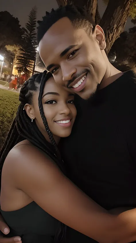 Theres a black man and woman hugging in a park, imagem de perfil, She has beautiful afro braids and he has shaved black hair and a goatee just on his chin, ela tem olhos abertos encantadores e a ponta do naria arredondada, ztirade in early 2020, Millaise e...