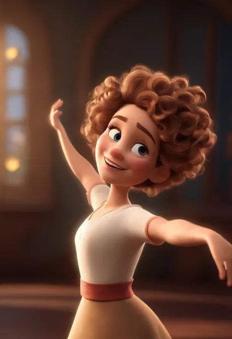 Pixar style image with 3D character white glasses white woman curly hair light brown short dancing, Maquiagem Disney, bonitinho, sorridente ,Close-up, Pixar, Disney, Cinema lighting