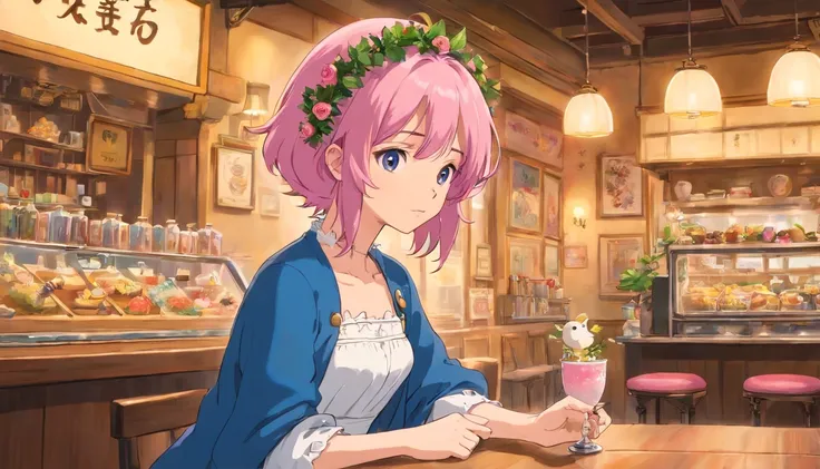 A  girl,Pink hair is long,white dress with design,blue short jacket,A wreath of roses on the head,tattoo on the leg,Shes a writer,France,in a cafe