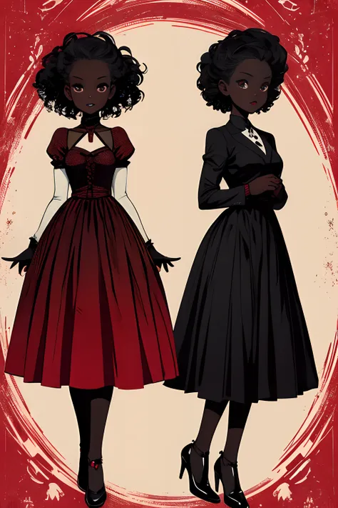 A girl, 1girl, dark skin, full body, vintage horror, 1940s, shapes, abstract, propaganda, gothic, vintage, sexy, anime style, (clear background:1.0)