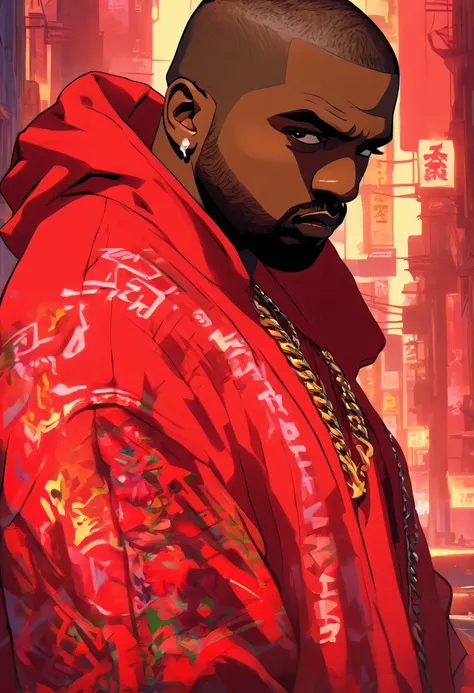 kanye west , cabelo vermelho,corte de cabelo red, cavanhaque vermelho, jaqueta vermelha, folded arms , estilo hip hop, estilo gta 5,chain in the neck. cenario cidade de los santos.