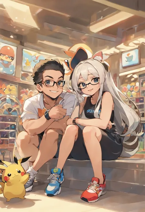 Um casal posando para uma foto em um banco, In front of a Pokémon gym, ela sorrindo com um rosto arredondado, Stylish black and white square glasses on the outside, cabelos ondulados castanho na raiz e loiro nas pontas. Ele com cabelo curto, preto, Rectang...