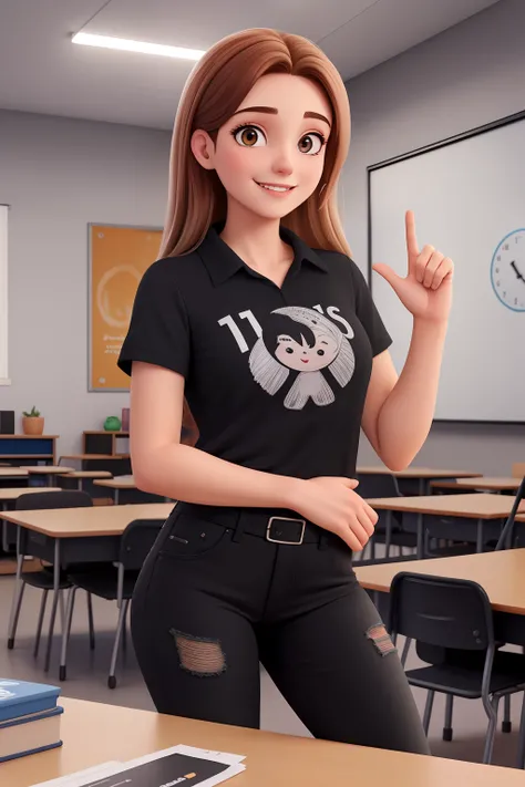 Uma mulher de 18 anos, com longos cabelos castanhos escuros , Rosto redondo, sorriso encantador, e olhos castanhos, In a classroom, studio lighting, sign language interpreter and sign language teacher. Shes wearing black clothes, blouse and black jeans