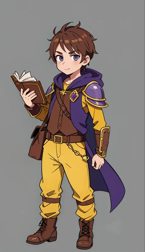 Guy, Gnome, magician, dnd, leather armour, yellow pants, brown hair, The book is in your hands, a shoulder bag, purple cloak,  guy