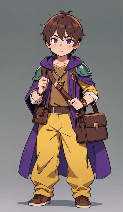 Guy, Gnome, magician, dnd, leather armour, yellow pants, brown hair, The book is in your hands, a shoulder bag, purple cloak