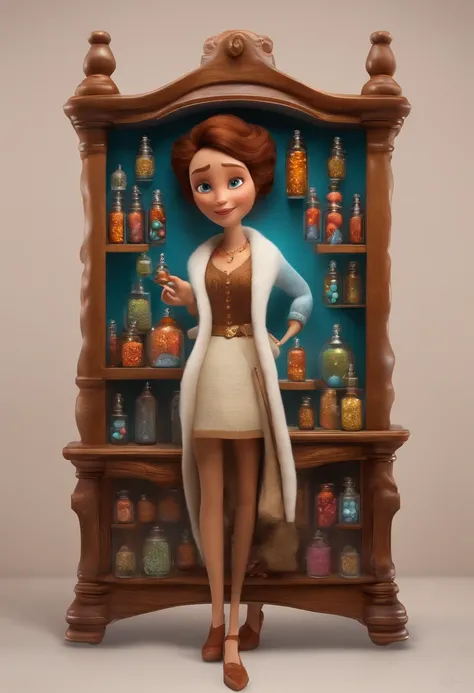 A collector of ideas inspired by Pixar animation, de perto. She is surrounded by a collection of magic vials, each containing a unique idea. The focus is on the character, with a captivating facial expression, In a flickering scenario, cores efervescentes.