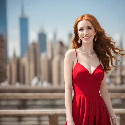 masterpiece, best quality, highres, (photorealistic:1.4), earrings, (depth of field:1.8), beautiful 22yo  woman, thigh gap, 
1 girl, ginger hair, long hair,  pale skin, german, smileing,feminine physique,(solo:1.1), nice sexy red dress, bare shoulder, clea...