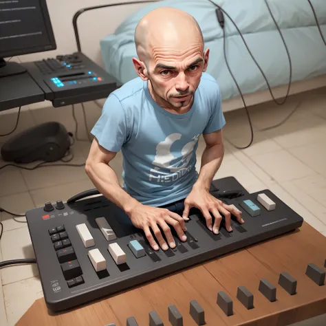 Imagem de um menino careca tocando teclado