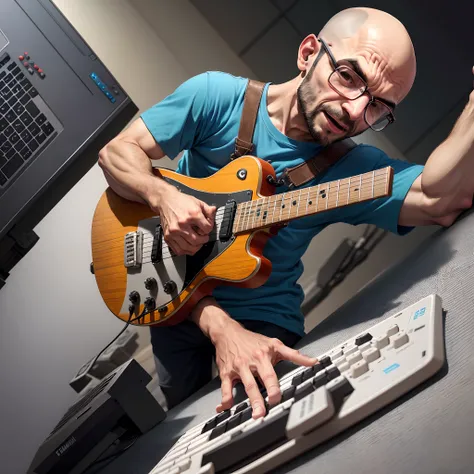 Imagem de um menino careca tocando teclado