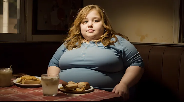 Photograph of a fat seven-year-old girl sitting at a table with food, Morbidly obese girl, fea, con mejillas gordas, small mouth, luce hinchada de tanto comer. The Fattest Girl in the World. Realista.