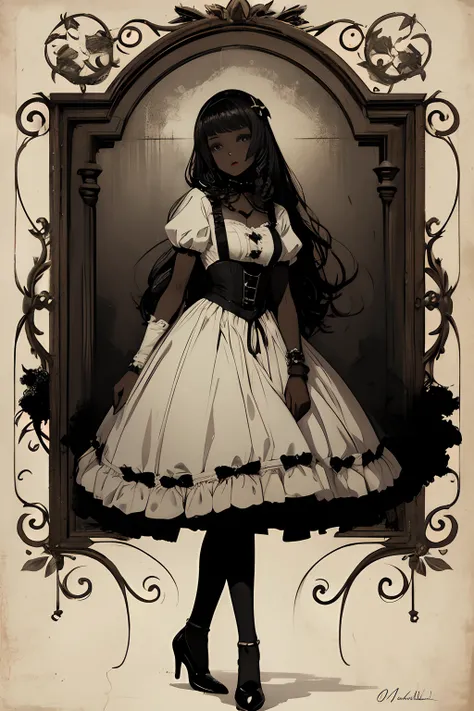 A girl, 1girl, dark skin, (full body view), vintage horror, 1940s, shapes, gothic, vintage, sexy, anime style, (clear background)