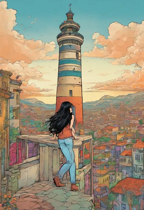 American comics, the comic story is An Iranian girl with very long black hair as tall as a tower is imprisoned in a tower, a boy with white hair (albinism) is standing at the bottom of the tower and calls her name, the girl threw her hair down from the win...