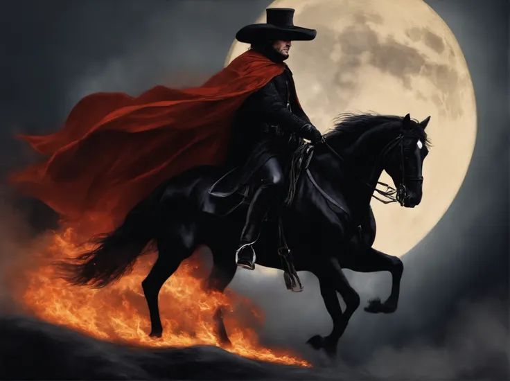 "Man with a big black hat, a wide black cloak, wearing black clothes, with flaming eyes, riding a black horse with fiery eyes, on the moon."