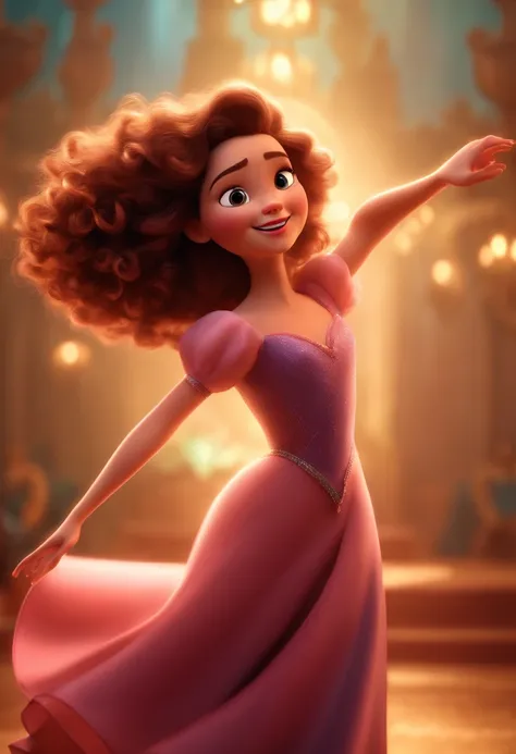 Pixar style image with 3D character brunette woman big curly hair dancing ballet, Maquiagem Disney,Pescador, bonitinho, sorridente ,Close-up, Pixar, Disney, Cinema lighting,