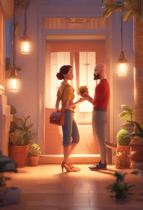 An illustration of an adorable couple, Destacando um homem e uma mulher com beleza, Expressive eyes – the mans hair is bald and brown and he has a full beard, While the womans hair is tied in a bun and blonde. They are a bright space, Todos com um sorriso ...