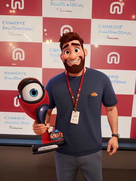 Um homem estilo Disney pixar, alta qualidade, melhor qualidade, barba e bigode, sorrindo de leve, olhos castanhos claros, cabelo castanho, cabelo curto, idade 30 anos.