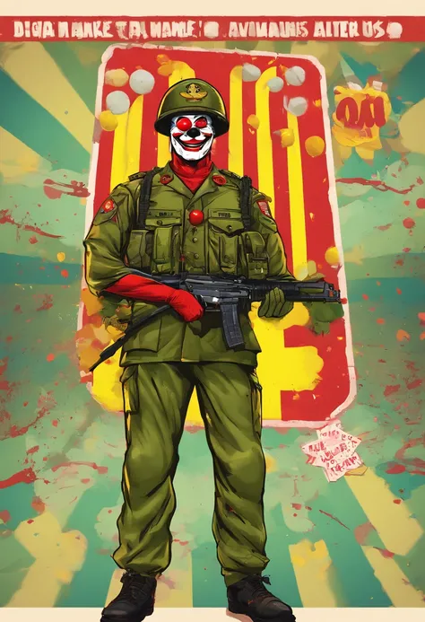 "Generate an image of a Brazilian army soldier in full uniform, with a red clown nose. He is standing in front of a circus with a large luminous sign that reads 3rd RCC highlighted. Make Sure the Soldier Looks Serious, Despite the clown nose, and that the ...