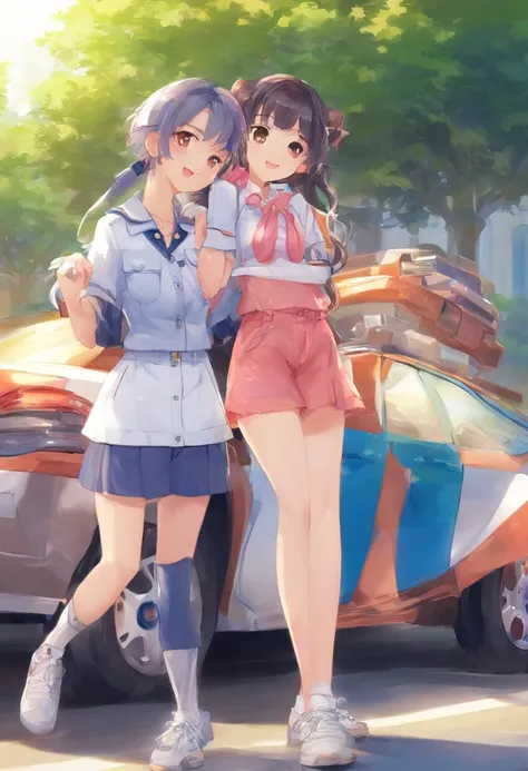 Road, police car, best quality, masterpiece, black hair,18 years old pretty girl,dark blue bloomers,white gym clothes,wearing dark blue bloomers,ass through bloomers,smile,white skin,standing,two are good friends,lesbian,flirting,hugging,laughing,shy,