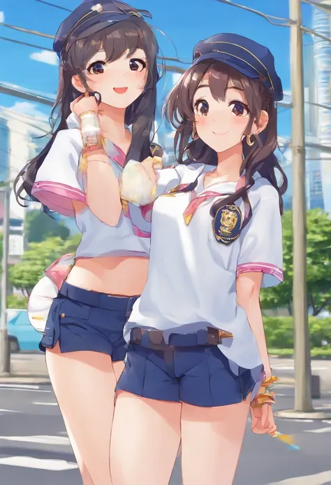 Road, police car, best quality, masterpiece, black hair,18 years old pretty girl,dark blue bloomers,white gym clothes,wearing dark blue bloomers,ass through bloomers,smile,white skin,standing,two are good friends,lesbian,flirting,hugging,laughing,shy,