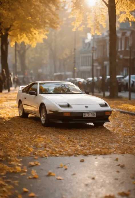 300ZX, Branco,car adrift parked on a leaf-covered street in autumn in a (cidade:1.3), drooping, global ilumination, Volumetric lighting, best quality, altamente detalhado, .cgi, illustration, octan render,