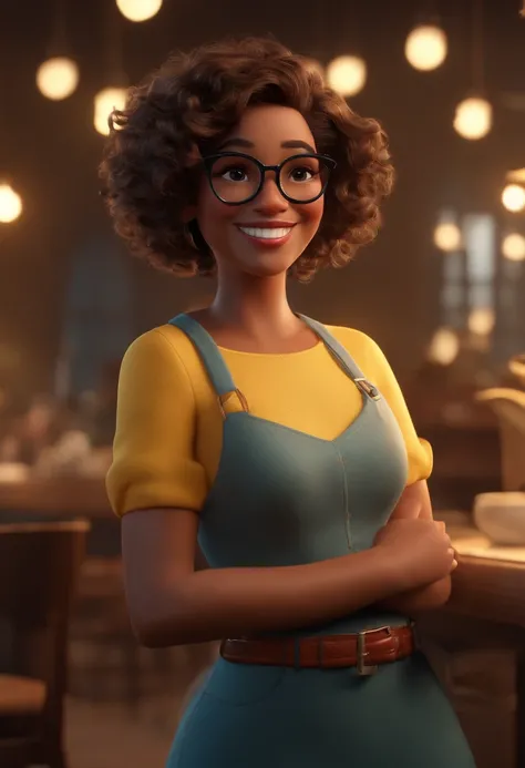 (best quality,4k,8k,highres,masterpiece:1.2),ultra-detailed,realistic,photorealistic,3D,short curly hair with glasses,beautiful brown-skinned woman, dancing, Disney makeup,Disney character,Pixar style,fisherman,cute,smiling,close-up shot, Pixar animation,D...