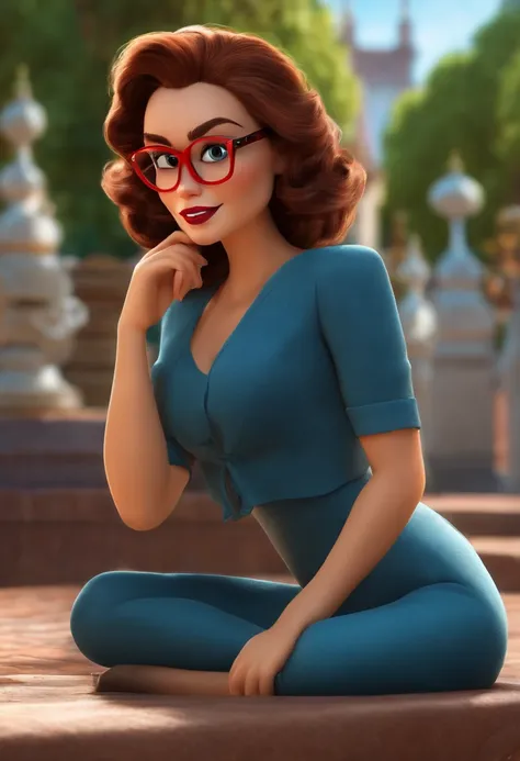 Make a Girl, com cabelos curtos castanhos, de olhos castanhos, branca, Wearing red glasses, estatura de 1,68, corpo mediano como Disney Cartoon, Shes sitting in a square, Pixar, ....3d, Disney