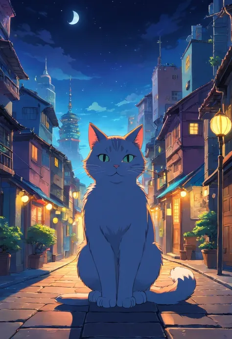 cat in cityscape at night