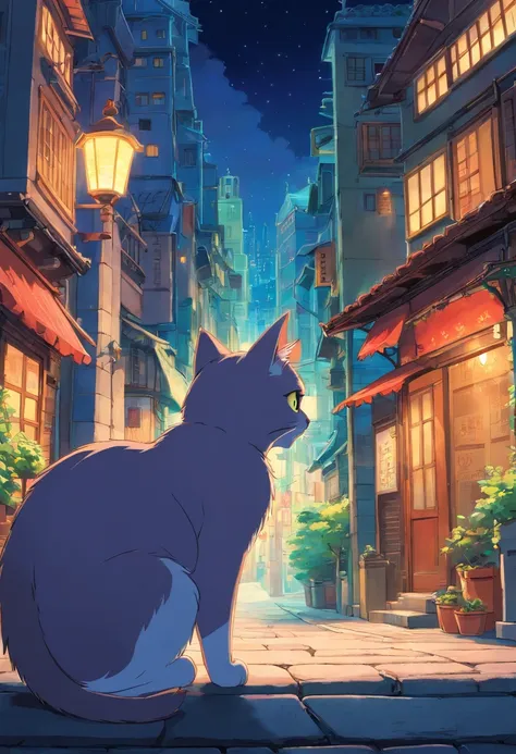 cat in cityscape at night