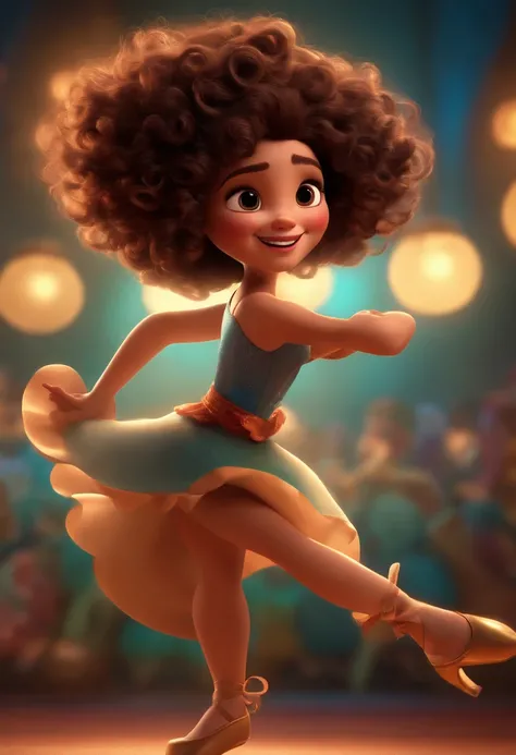 Pixar style image with 3D character brunette woman big curly hair lit dancing ballet, Maquiagem Disney,Pescador, bonitinho, sorridente ,Close-up, Pixar, Disney, Cinema lighting,