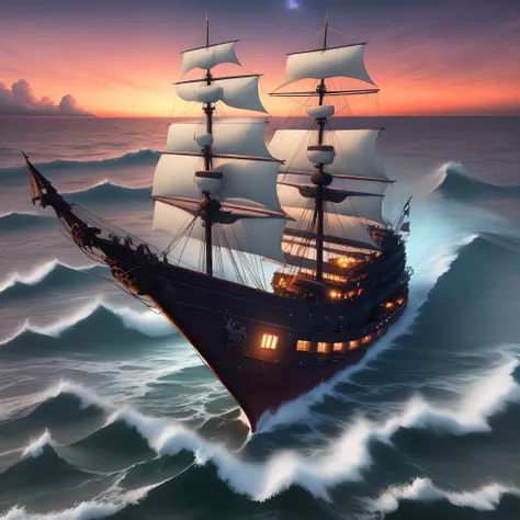 Imagem 3D realista de um barco pirata, detalhado, navegando, agitado, em ondas gigantes, perigo, tempestade, noite, lua, red skies