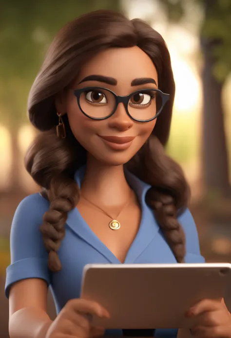 Cartoon character of a woman with black glasses and a blue blouse, professora, with tablet in hand , Children AroundAnimation Character, Caractere estilizado, animation style rendering, 3D estilizado, Arnold Maya render, 3 d render stylized, toon render ke...