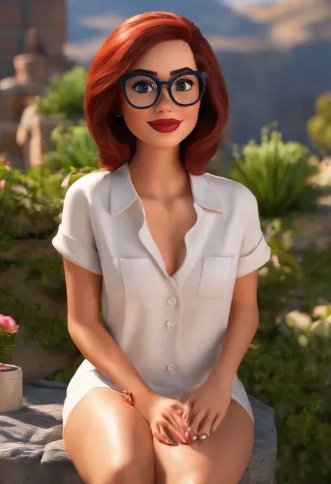 Make a Girl, com cabelos curtos castanhos, de olhos castanhos, branca, Wearing red glasses, estatura de 1,68, corpo mediano como Disney Cartoon, Shes sitting in a square, Pixar, ....3d, Disney