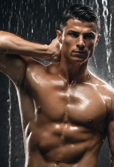 Cristiano Ronaldo, naked in the shower washing, head falling backwards, water falling on his face, muscolar, , tunned, hairy chest, hyper realistic, high detail, high quality, spiderman