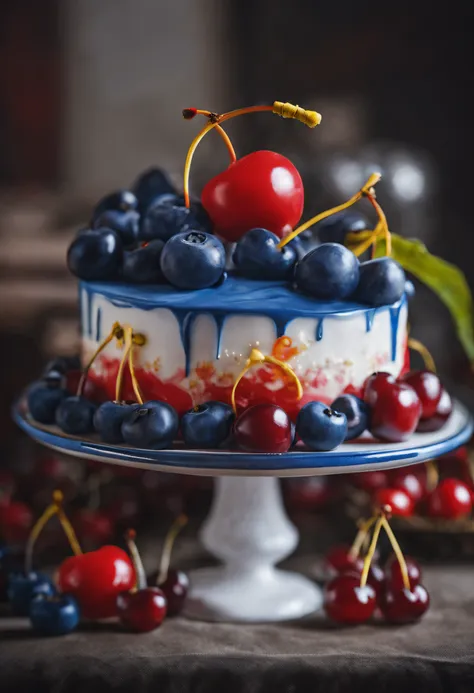 （Cake on a plate） ，Blue and white design, cake art, Blue, White and gold, Jelly cake, Blue and white clothes, The edge of the cake，Complex pastry-making techniques，Delicate lace loops were made。These laces are predominantly golden yellow and red，It is inla...