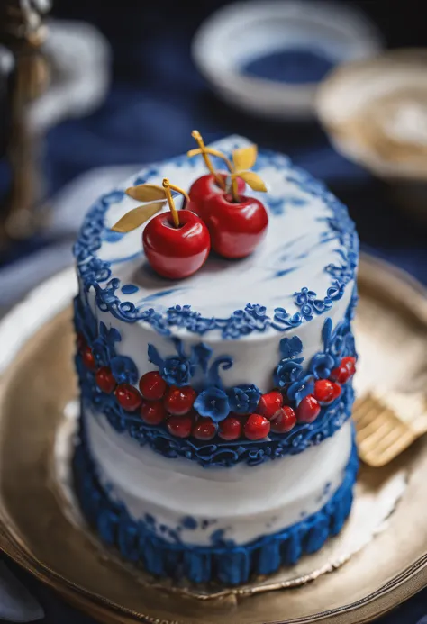 （Cake on a plate） ，Blue and white design, cake art, Blue, White and gold, Jelly cake, Blue and white clothes, The edge of the cake，Complex pastry-making techniques，Delicate lace loops were made。These laces are predominantly golden yellow and red，It is inla...