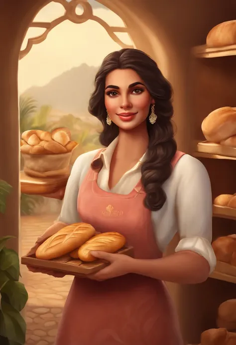 Personagem de desenho animado de um homem moreno, meio gordinho, pouco cabelo vestido de padeiro, With bread in hand. Com uma mulher branca, baixa estatura, gordinho, vestida de padeiro. Bakery scenery, em 3D.