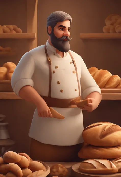 Personagem de desenho animado de um homem moreno, meio gordinho, pouco cabelo vestido de padeiro, With bread in hand. Com uma mulher branca, baixa estatura, gordinho, vestida de padeiro. Bakery scenery, em 3D.