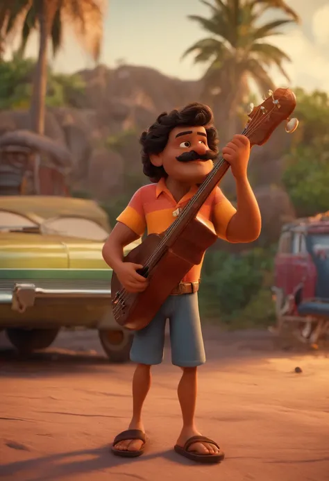 Um filme de um marrom inspirado na Disney Pixar, Homem de 20 anos com rosto magro, cabelos preto, Bigode , camisa de surfista, shorts, leather sandals on the feet, Holding a 4-string bass