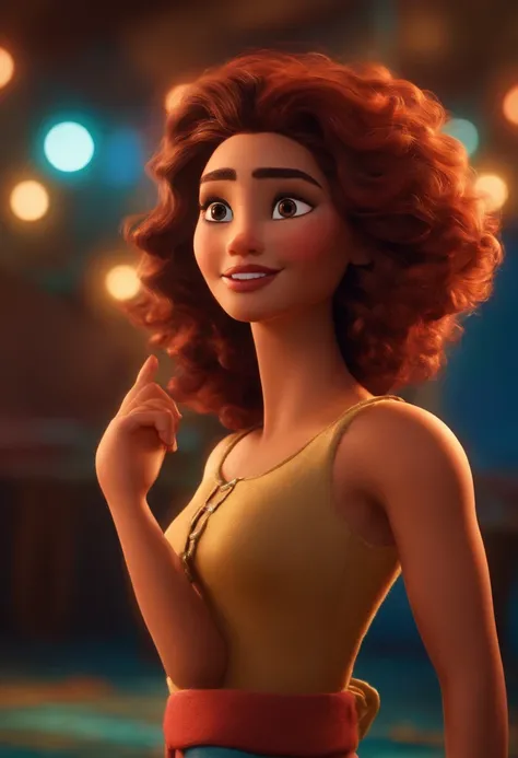 Imagem estilo Pixar com personagem 3D mulher morena grande cabelo encaracolado iluminado, Contemporary Dancing , Maquiagem Disney,Pescador, bonitinho, sorridente ,Close-up, Pixar, Disney, Cinema lighting,