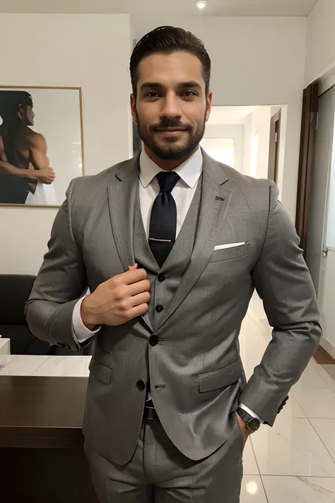 Homem de terno e gravata sentado em uma cadeira, homem atraente, bonito e atraente, homem bonito, macho atraente, Homem na casa dos 30 anos, wearing business suit, wearing a business suit, Macho bonito, modelo bem cuidado, homem muito atraente com barba, M...