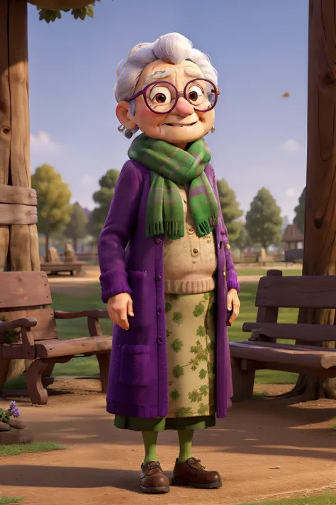 masterpiece, best quality, an old woman with glasses and a scarf on, wearing a purple coat and green scarf, standing at the park